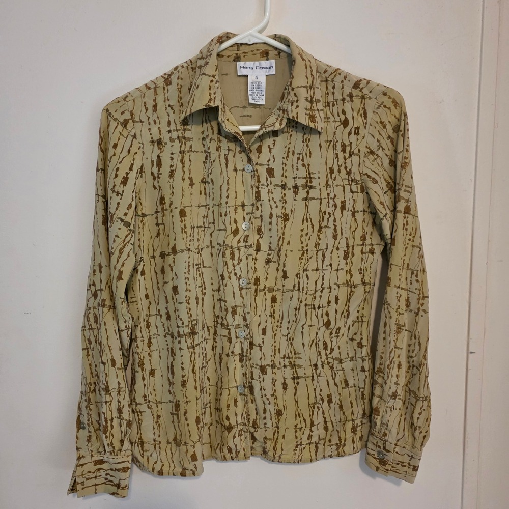 Rena Rowan Womens Silk Blouse Size 4 Tan Brown Abstract Long Sleeve Button Down